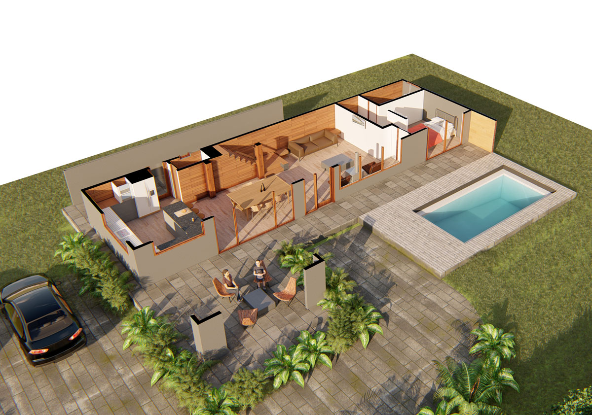 Casa DOS: Vista isométrica del primer piso de la casa, con piscina y estacionamiento