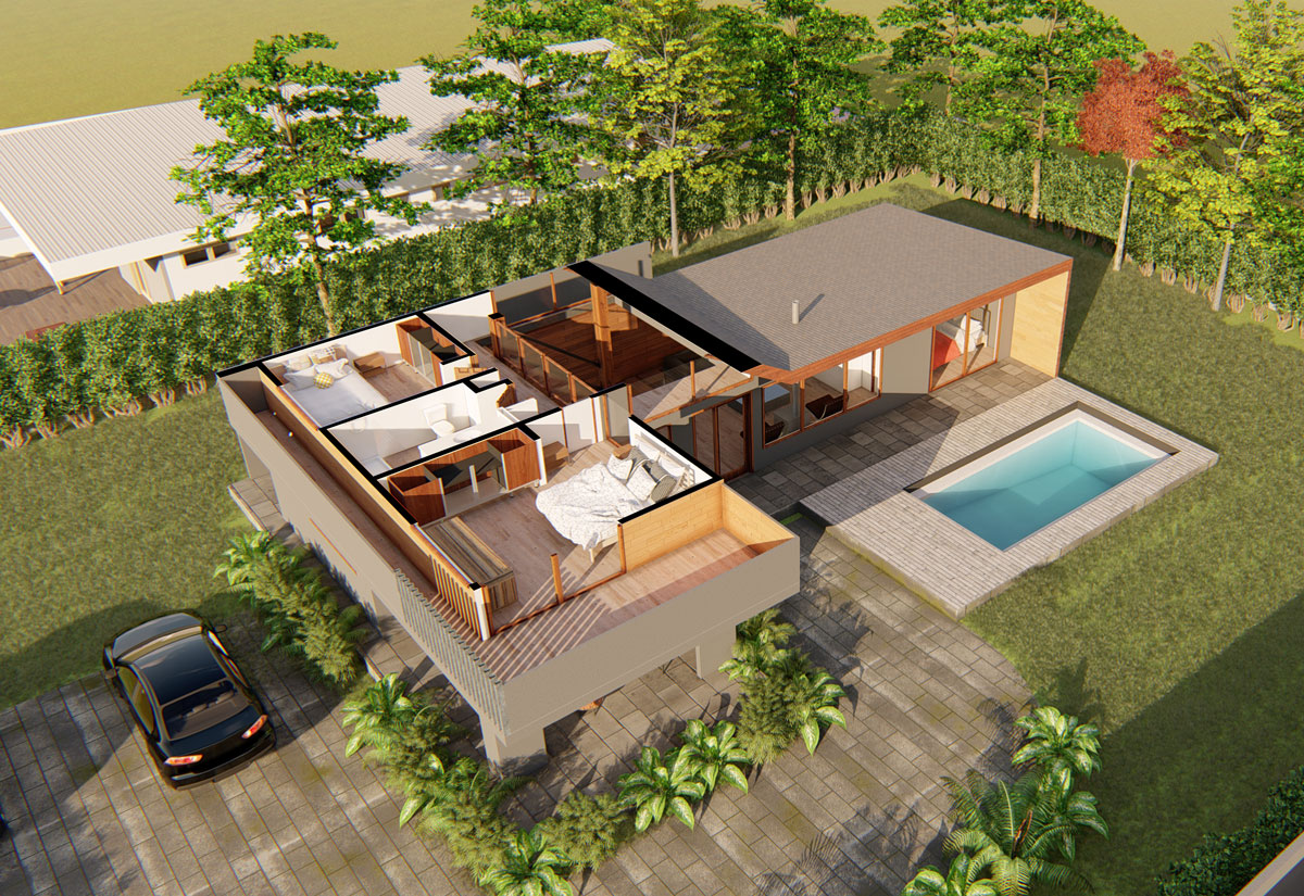 Casa DOS: Vista isométrica en corte de la casa con su distribución interior, piscina y estacionamiento
