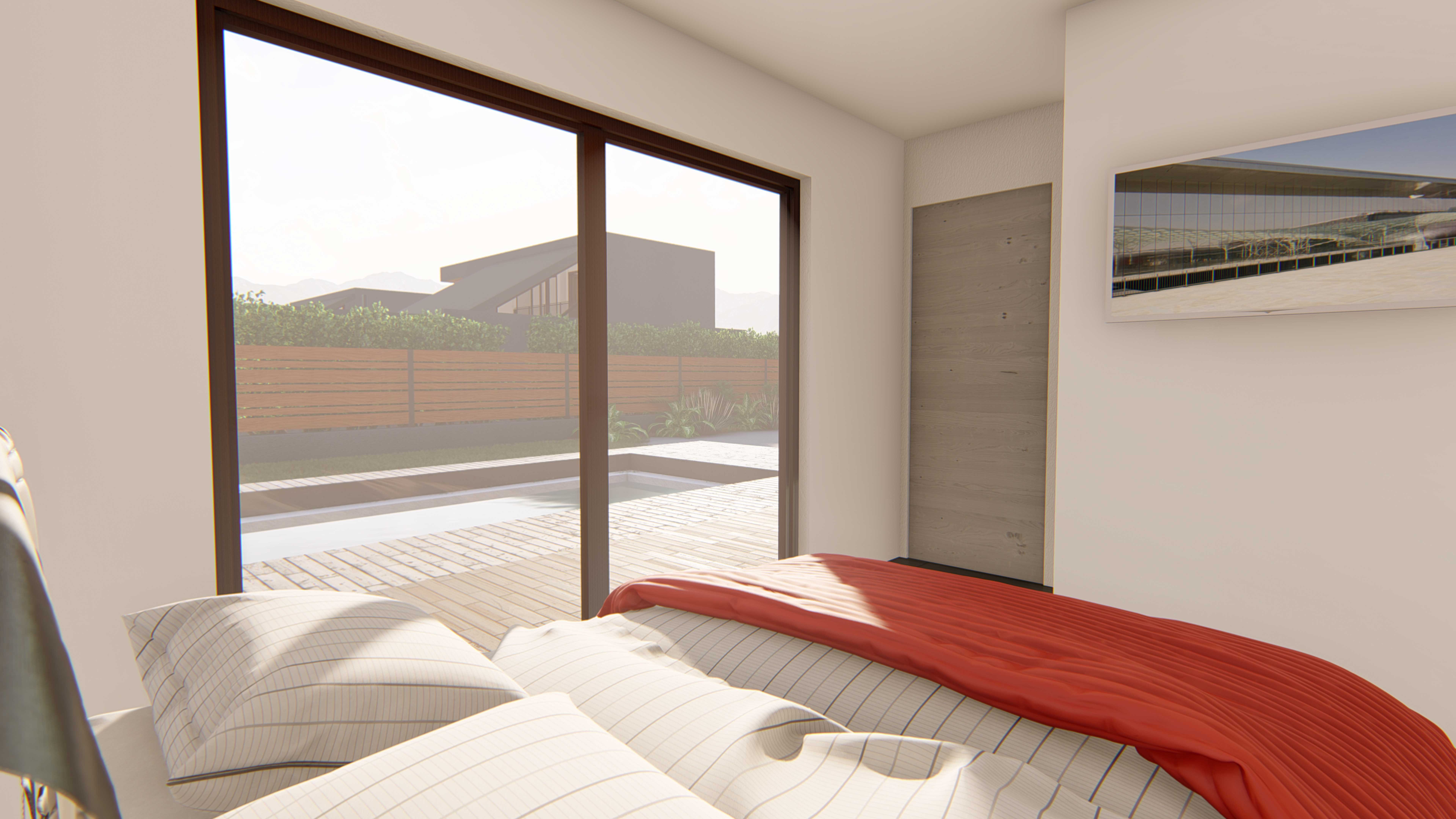 Casa DOS: Dormitorio con cama, ventanal corredero y vista a la piscina