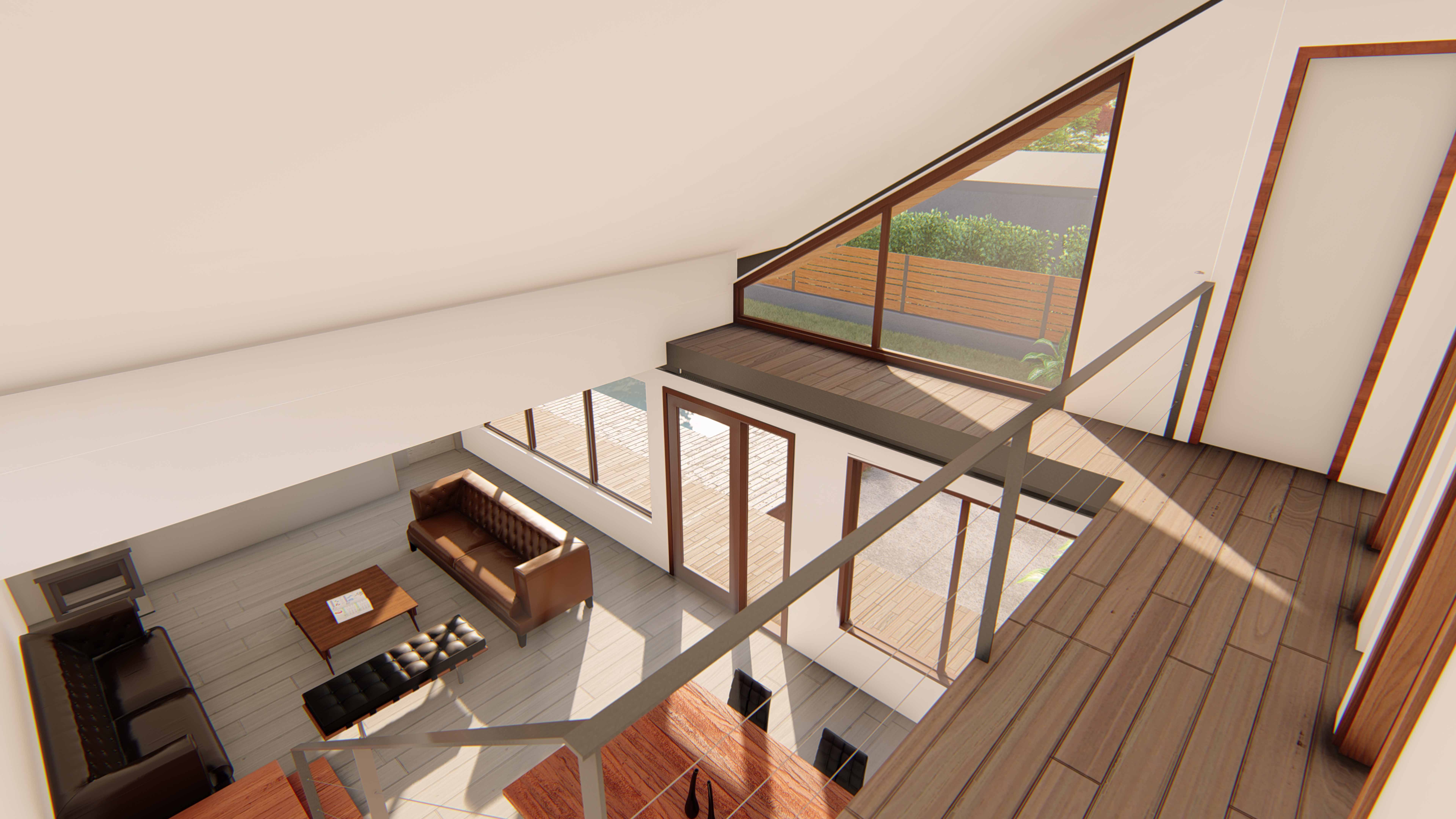 Vista hacia el living desde el piso superior, con ventanal inclinado