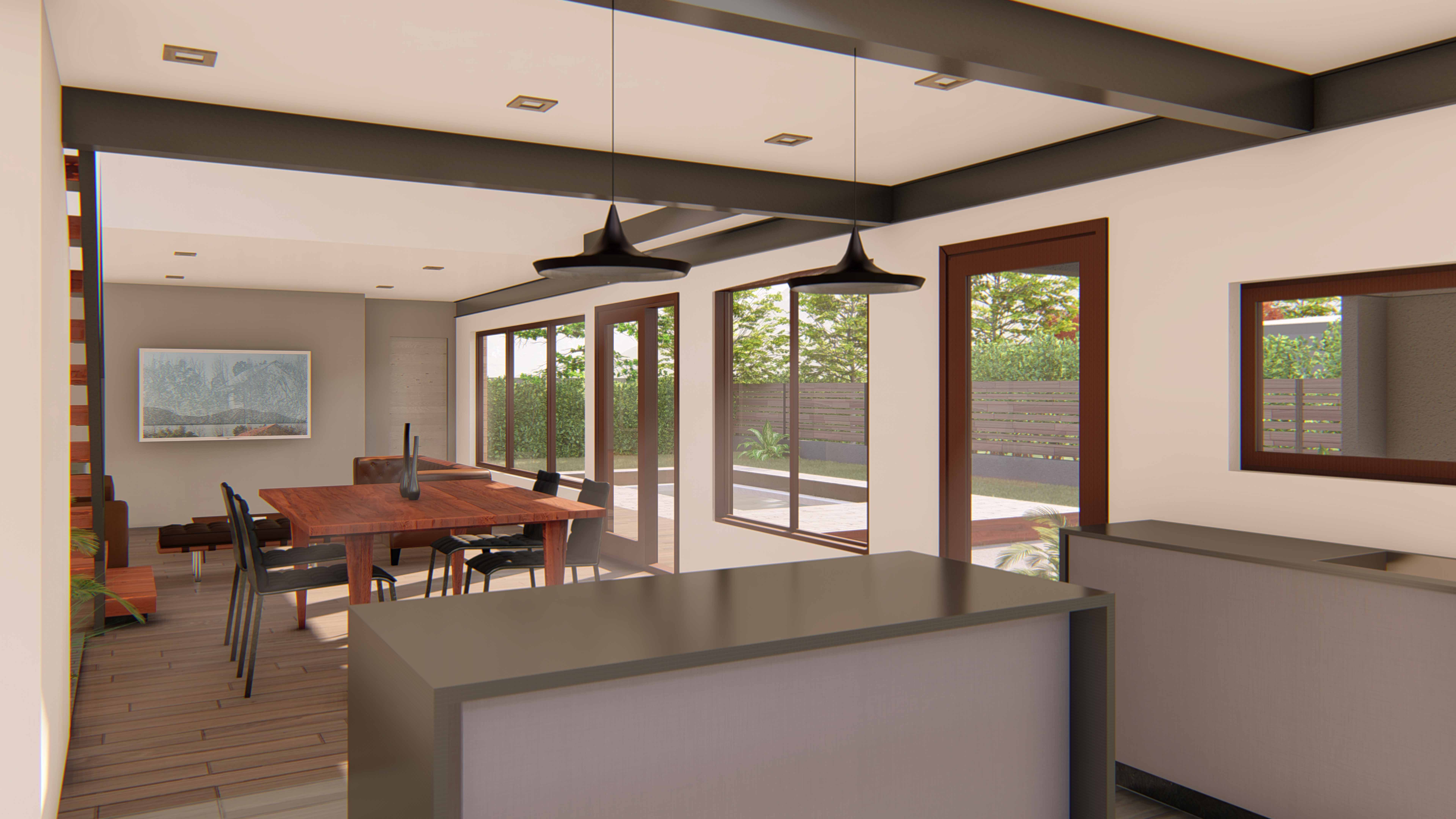 Comedor y cocina con mesa de madera, lámparas colgantes y ventanales