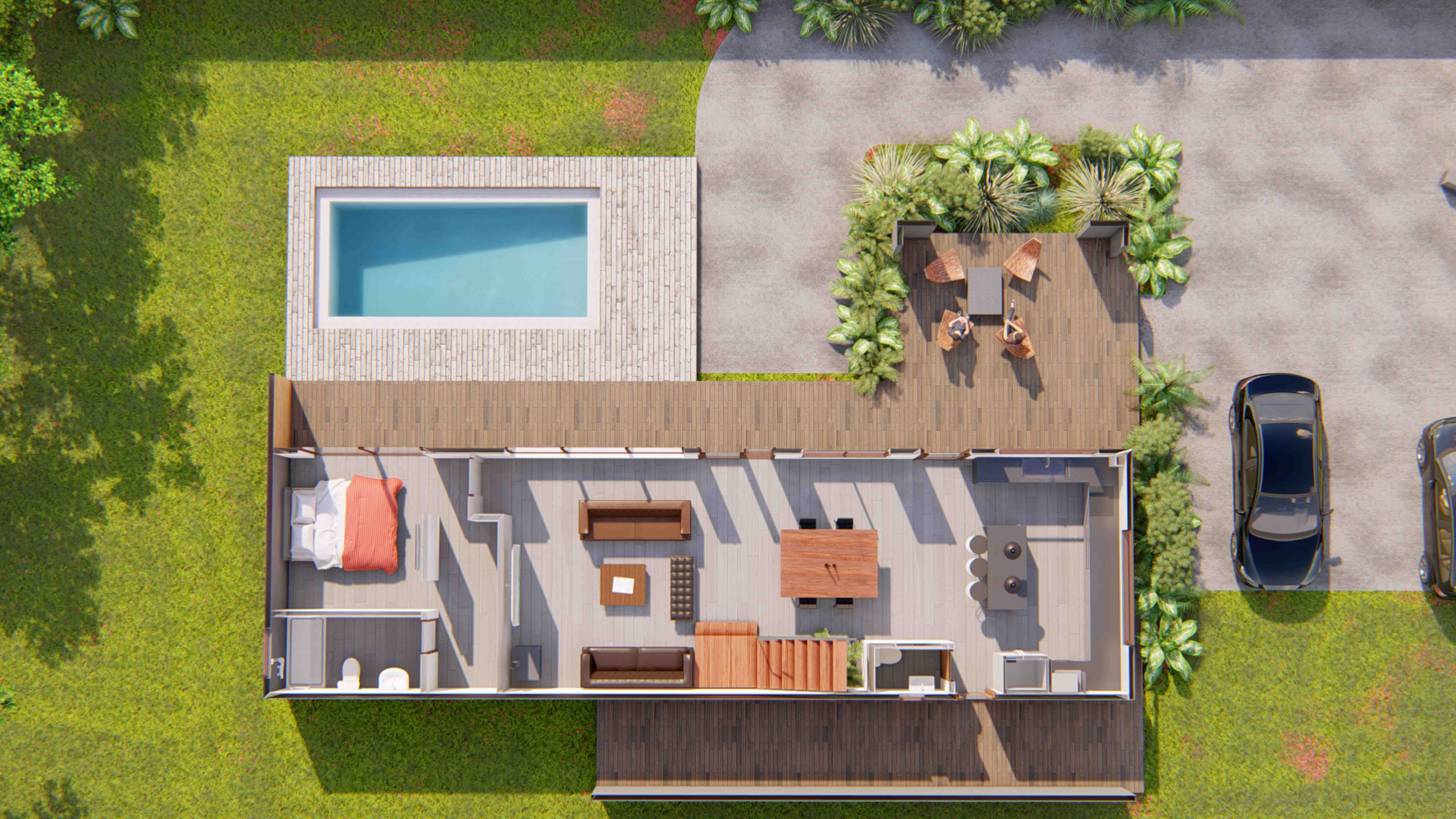 Planta del primer nivel vista desde arriba: living-comedor, cocina, dormitorio y piscina