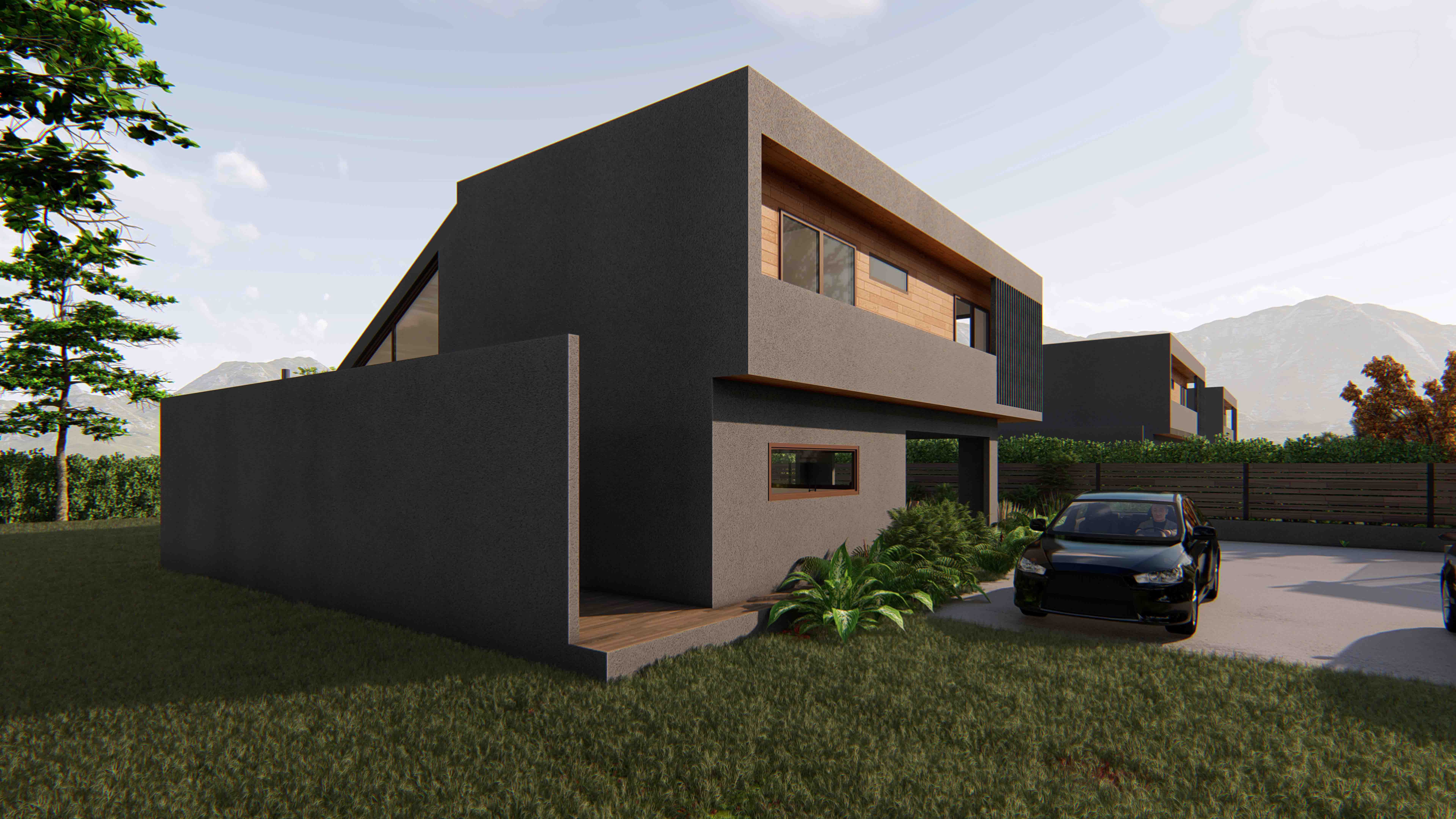 Casa de líneas modernas con muro oscuro y auto estacionado