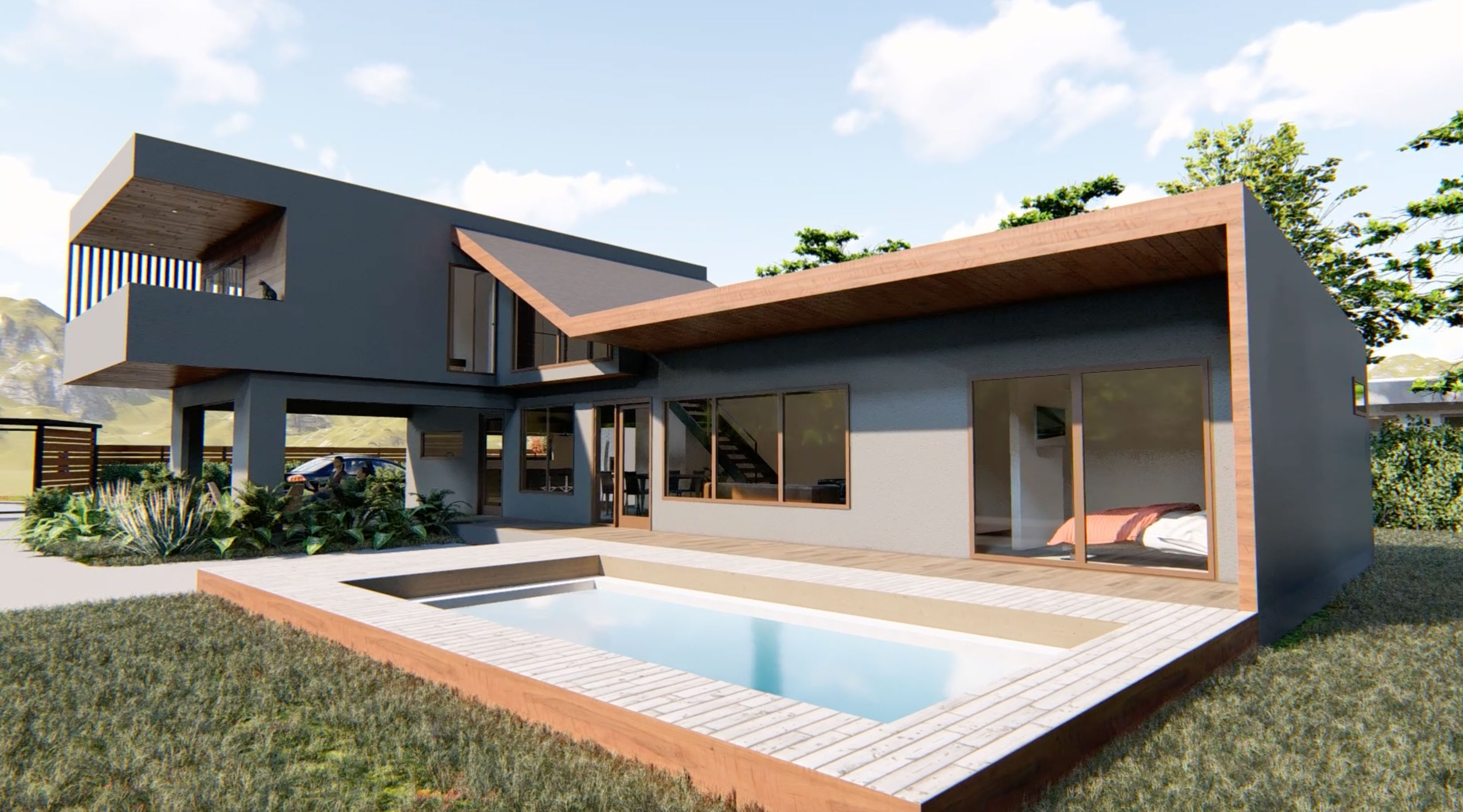 Casa de dos niveles con piscina y terraza de madera