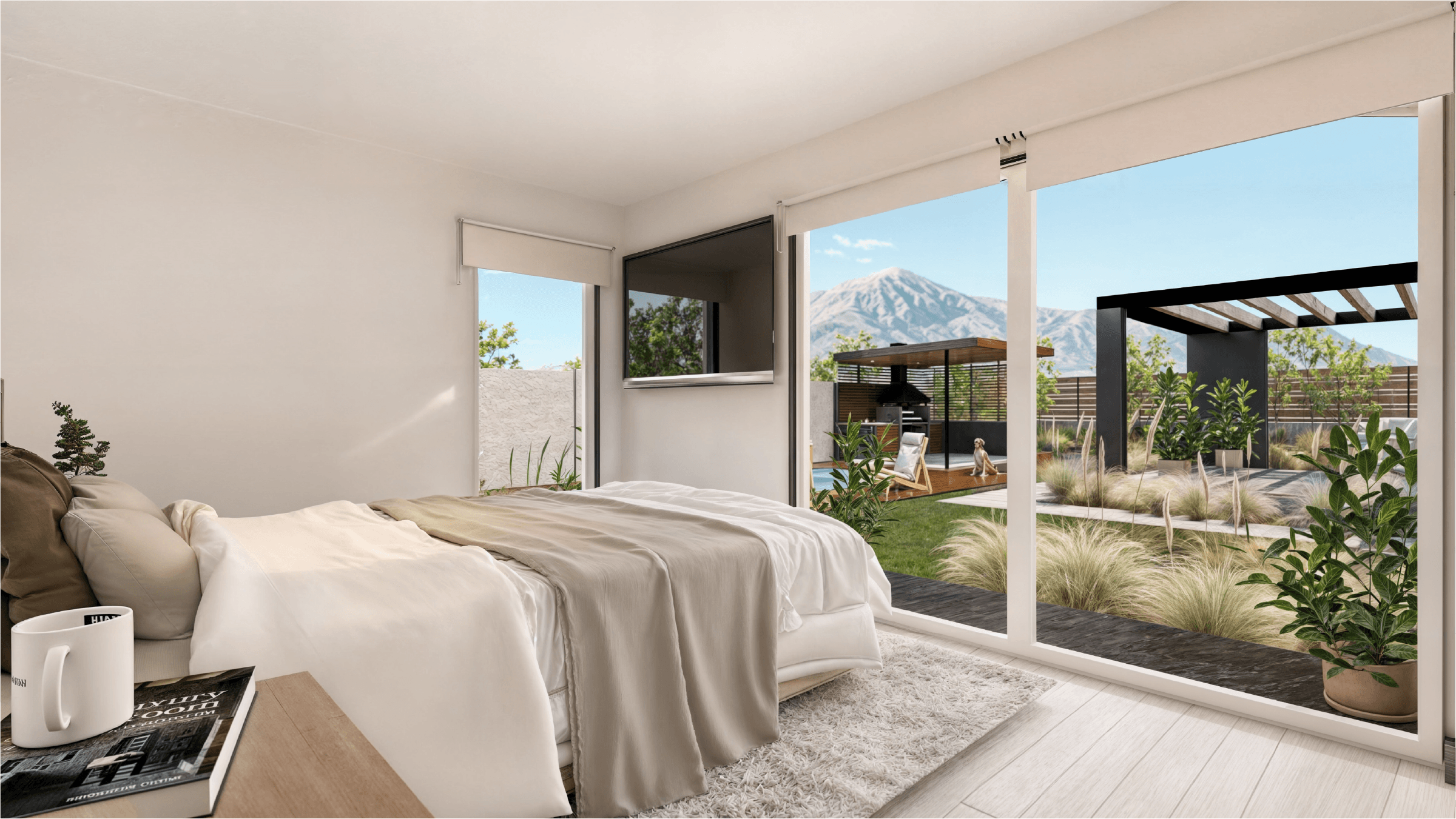 Dormitorio con cama, gran ventanal y vista a la terraza y la cordillera