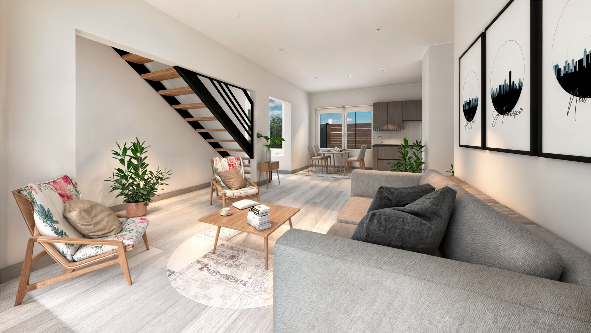Casa TRES: Living con sofá gris, escalera y cocina al fondo