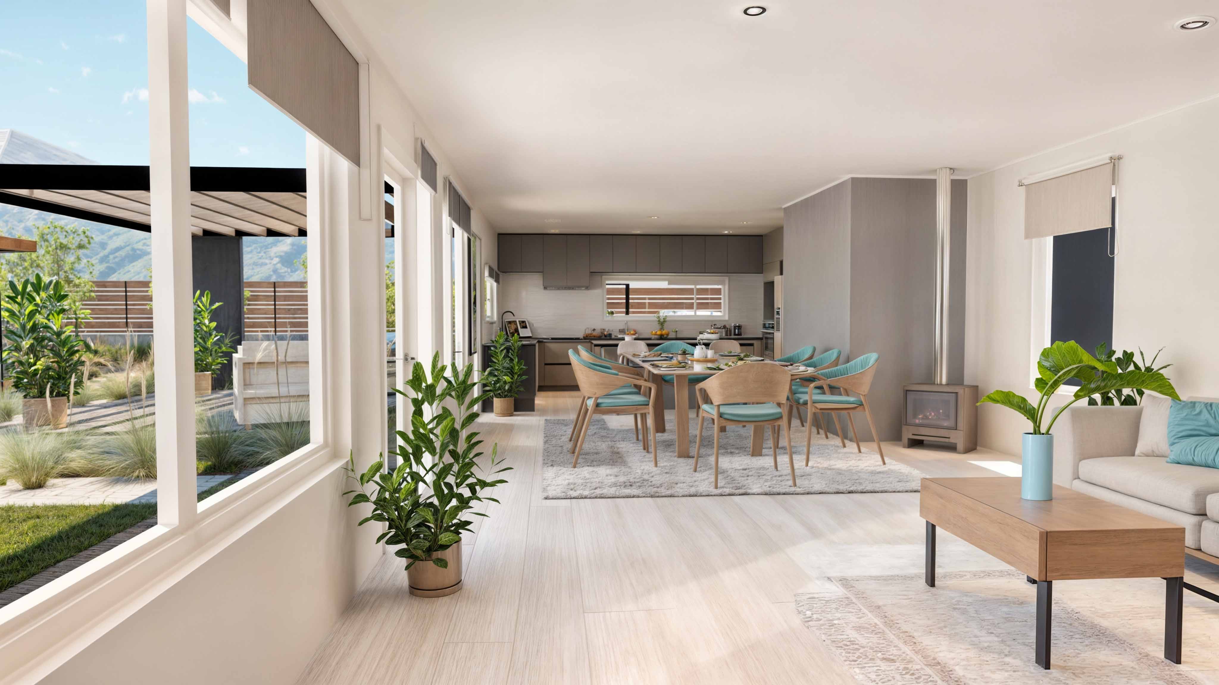 Casa UNO: Living, comedor y cocina de planta abierta con grandes ventanales