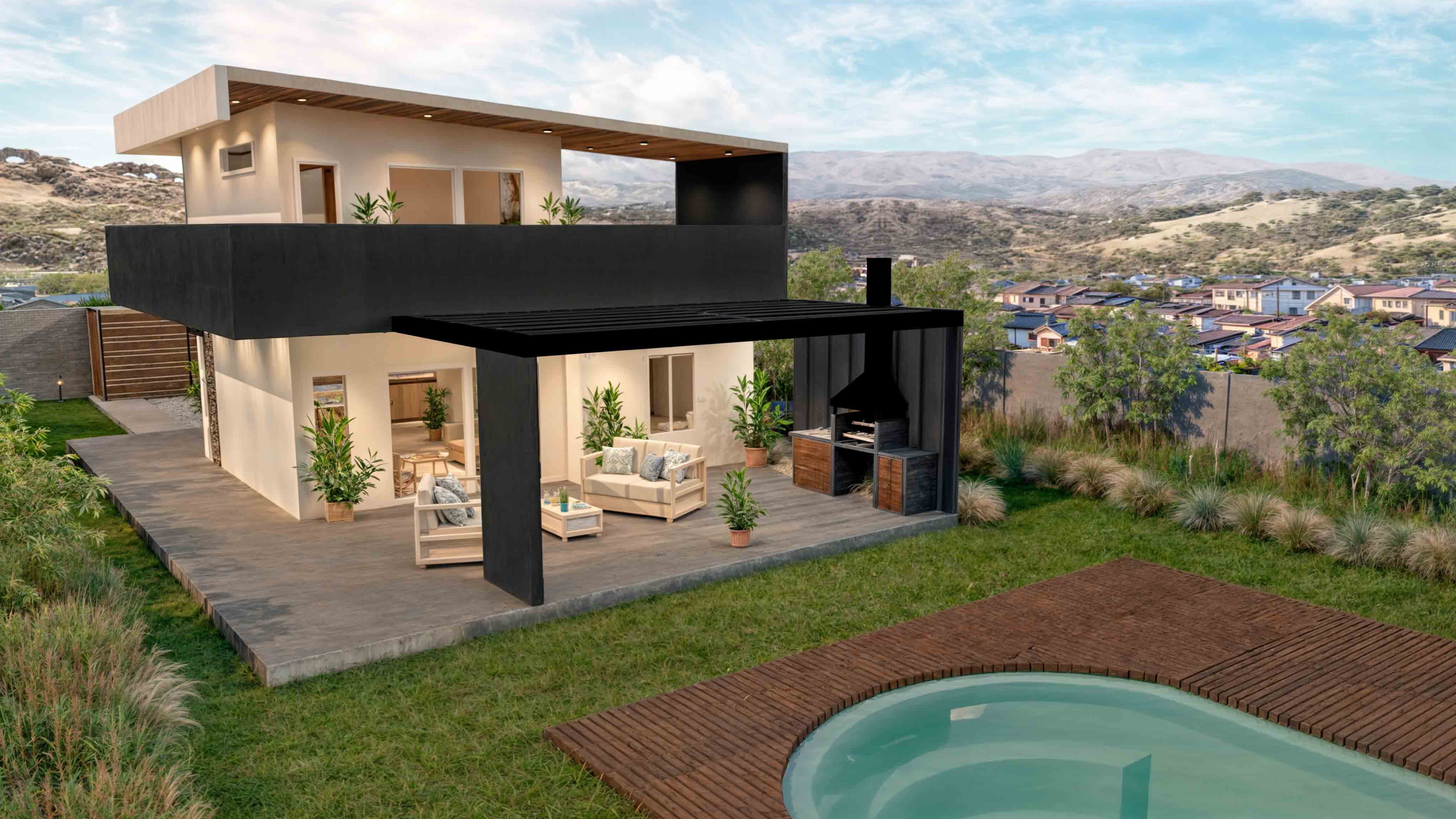 Casa TRES: Casa de dos pisos con terraza techada, parrilla y piscina, con cerros al fondo