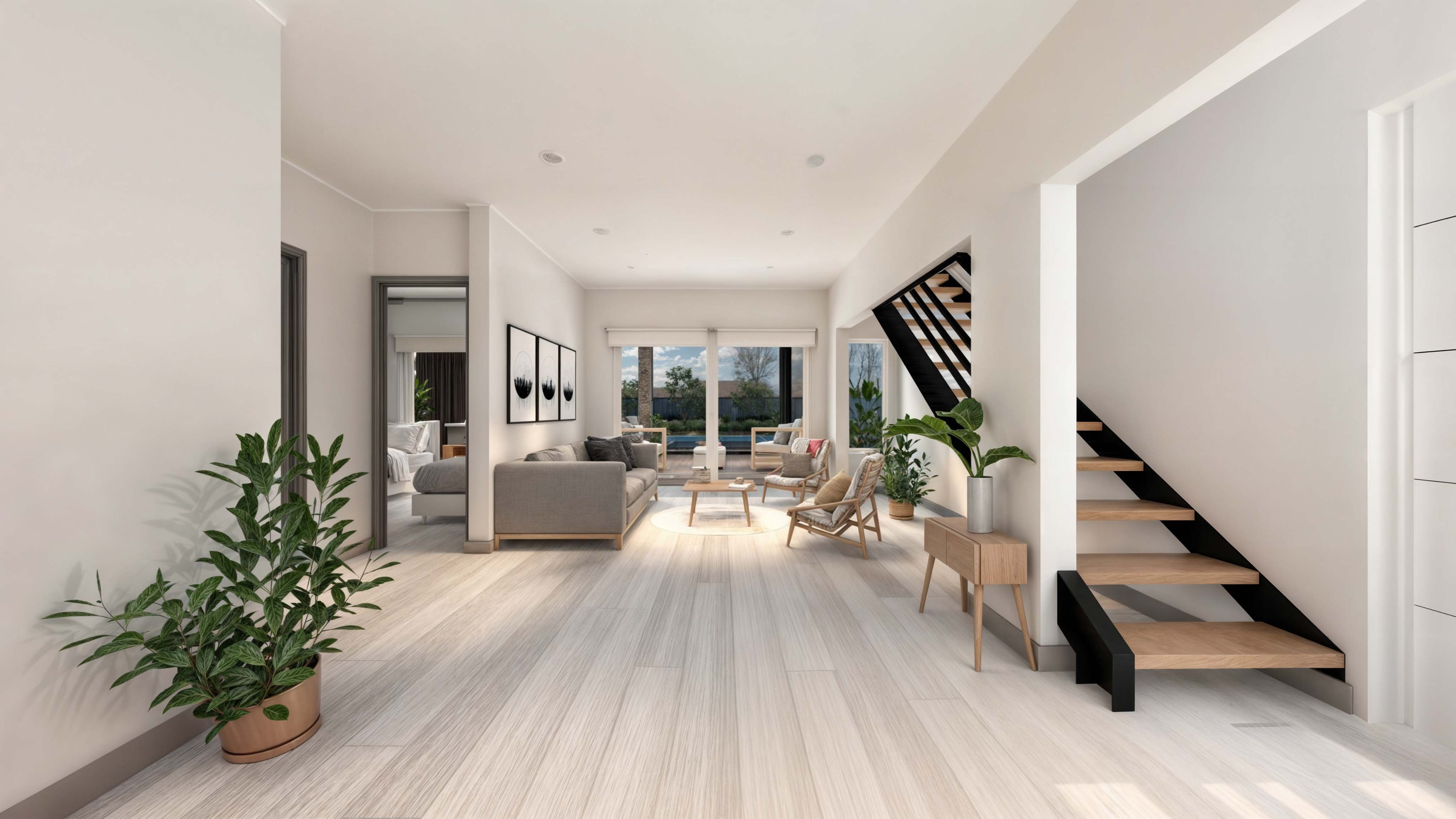 Casa TRES: Pasillo y living con escalera hacia el segundo piso