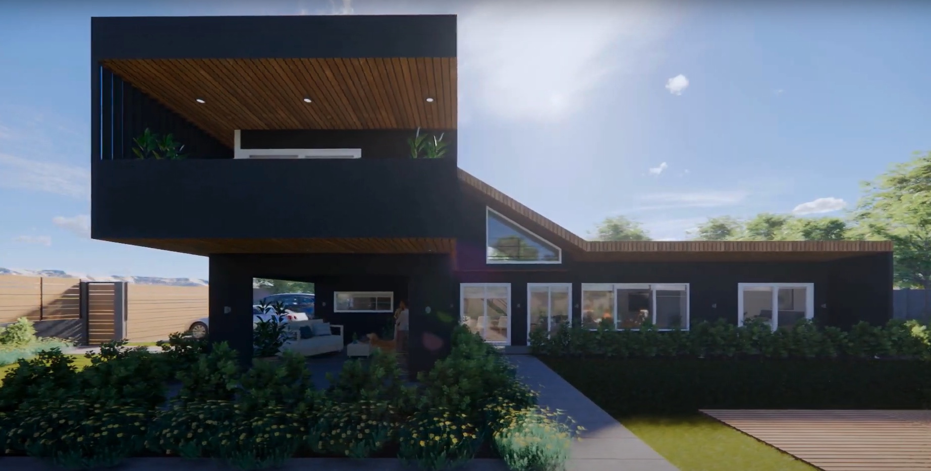 Casa DOS: Fachada oscura de la casa de dos niveles, con alero de madera y jardín