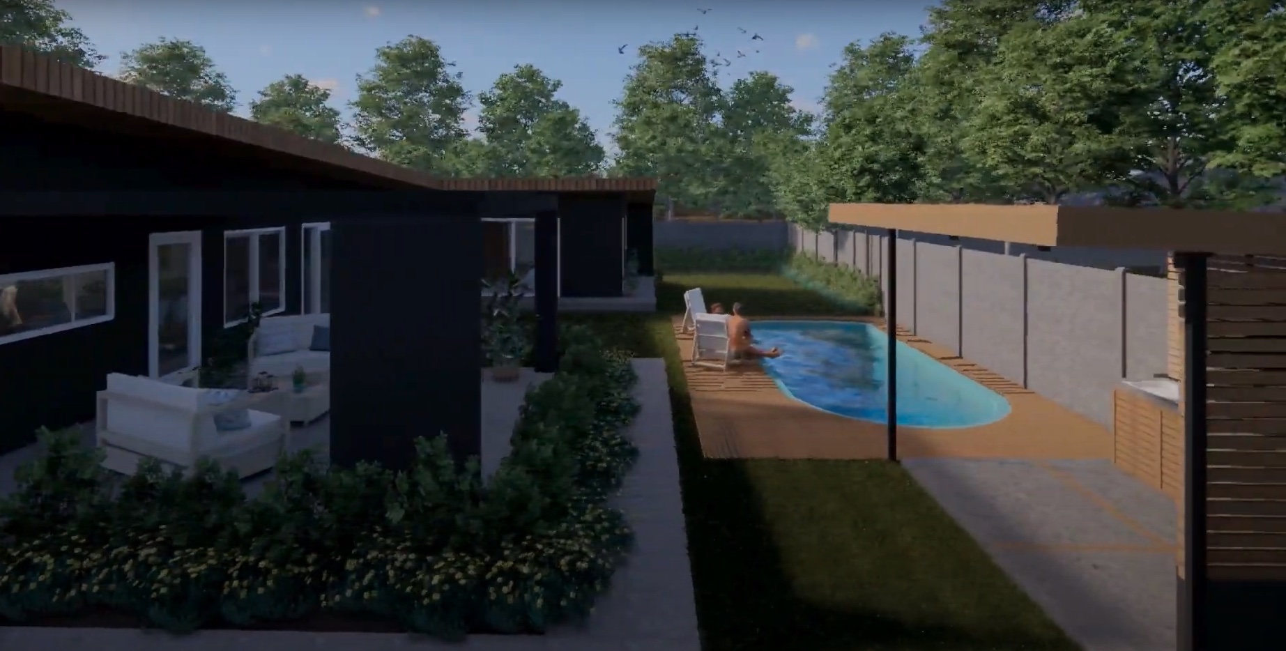Casa UNO: Costado de la casa con terraza, piscina alargada y jardín